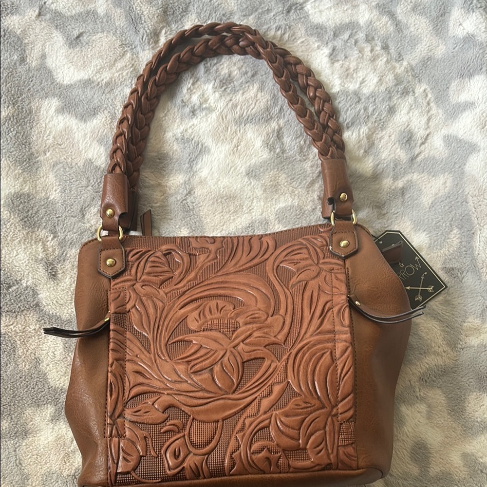 Brown Embossed Faux Leather Handbag